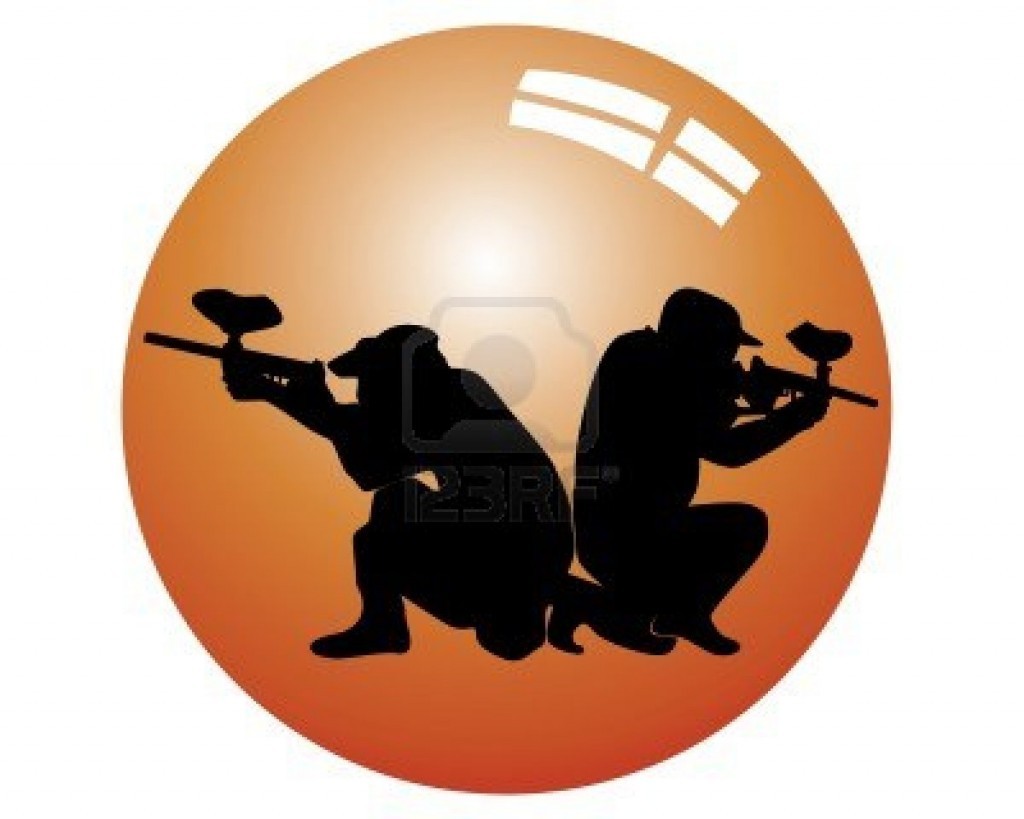 8370510 black silhouette of players in a paintball in an orange sphere on a white background